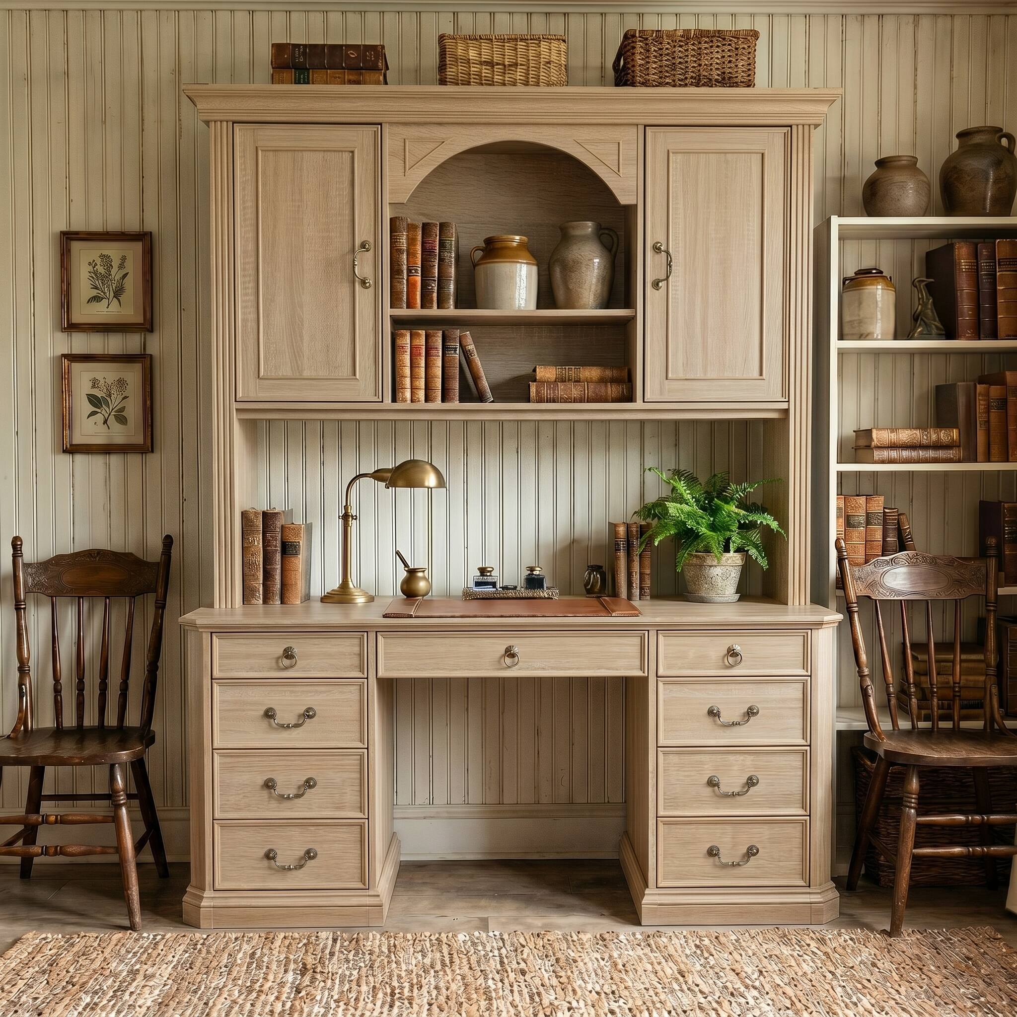 Alt View 7. Famapy - Bookcase Desk with Hutch & Drawers, Large Computer Desk with Arched Shelves for Home Library Student Writing Station - Light Wooden.