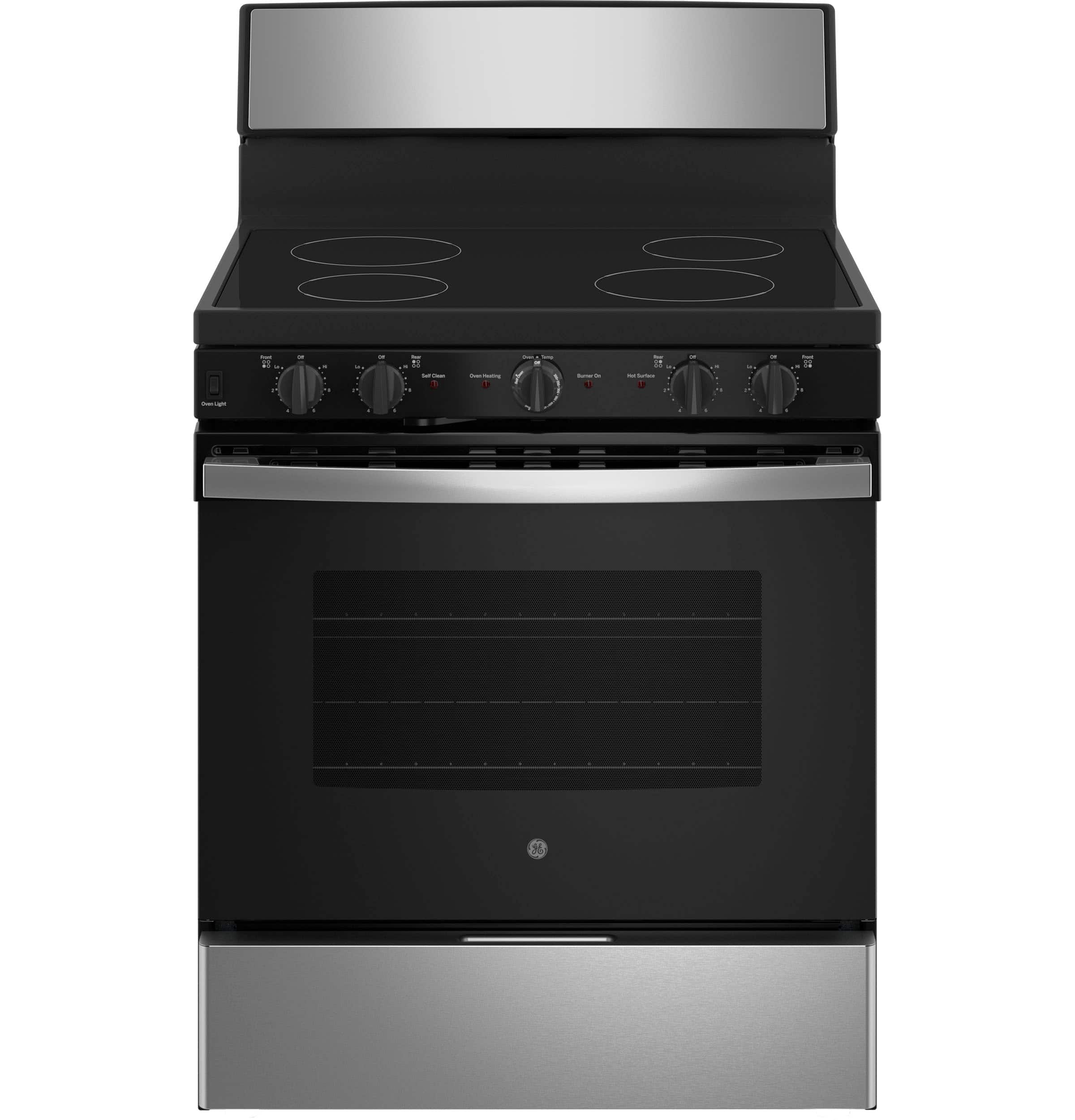 GE - 5 Cu. Ft. Freestanding Electric Range with Self-Cleaning and Dual-Element Bake - Stainles Steel/Black - Front_Zoom