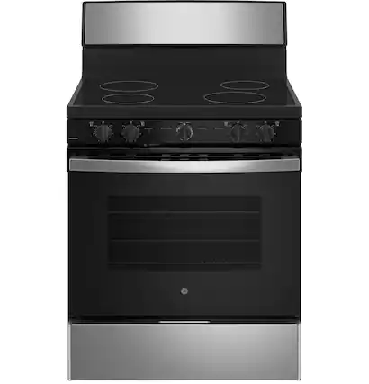Front. GE - 5 Cu. Ft. Freestanding Electric Range with Self-Cleaning and Dual-Element Bake - Stainles Steel/Black.