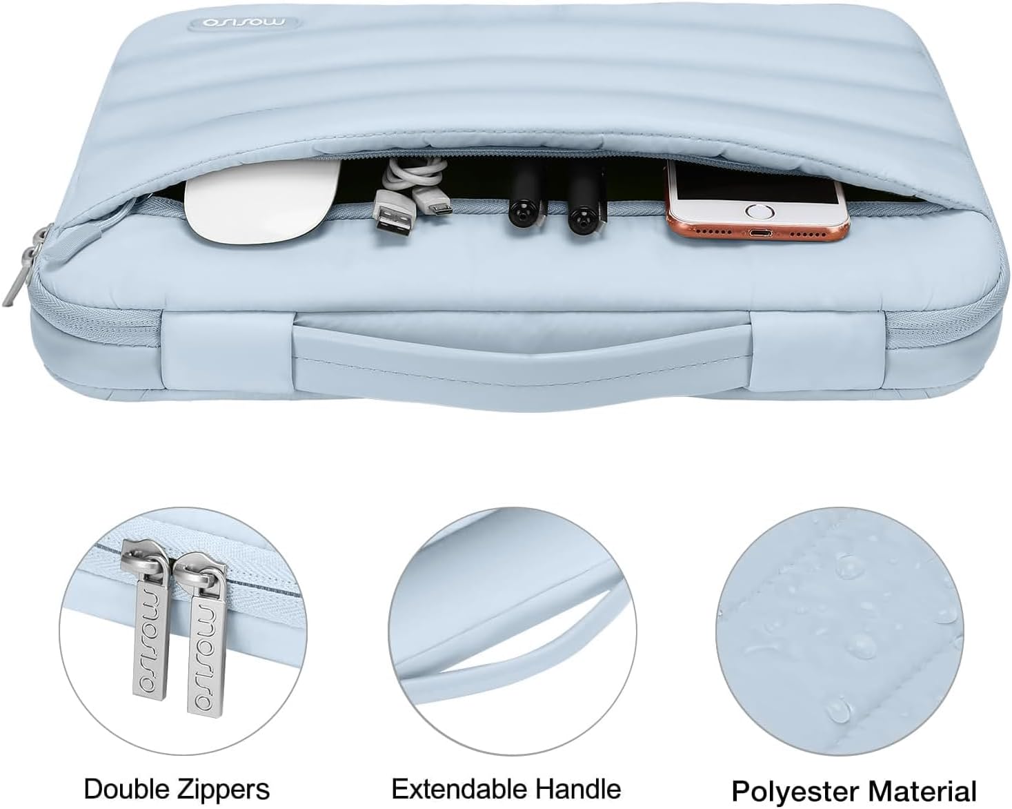 ow 2 mosiso mosso Double Zippers Extendable Handle Polyester Material