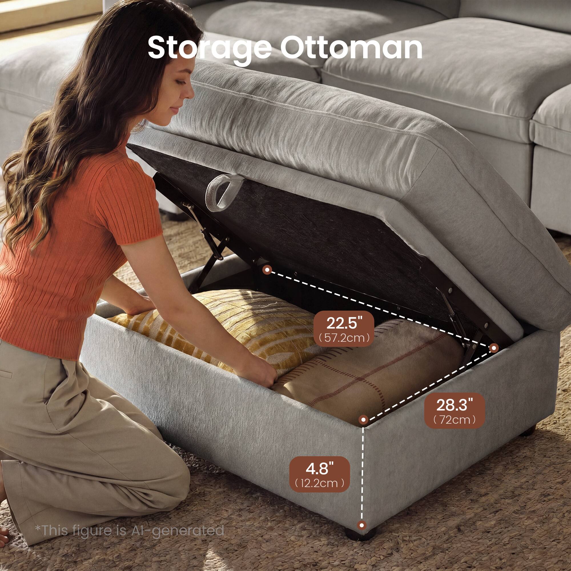 Storage Ottoman  
22.5" (57.2cm) 28.3" (72cm) 4.8" (12.2cm)  
*This figure is AI-generated