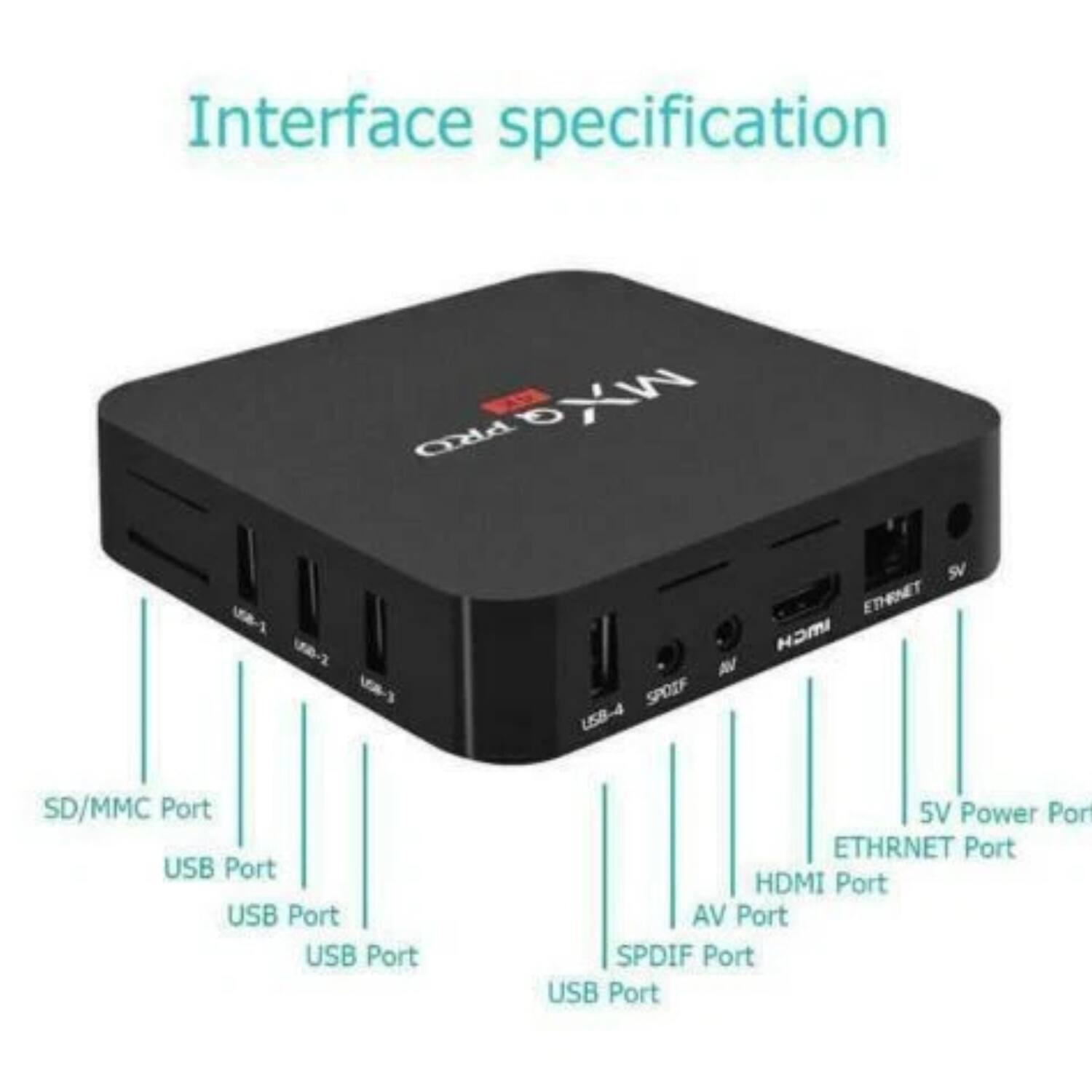Interface specification

- SD/MMC Port
- USB Port
- USB Port
- USB Port
- USB Port
- 5V Power Port
- ETHRNET Port
- HDMI Port
- AV Port
- SPDIF Port