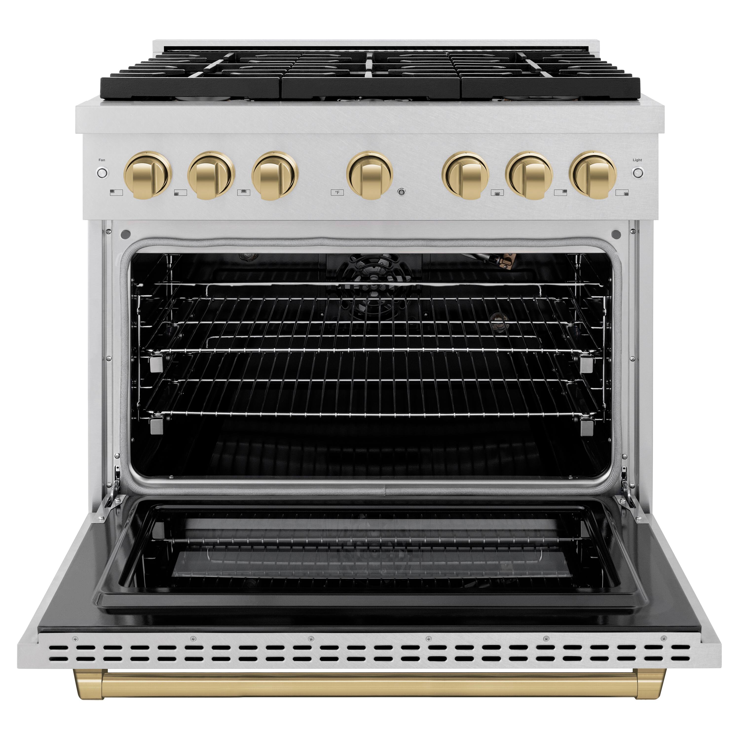 Angle. ZLINE - ZLINE Autograph 36 in. Paramount Satin Steel Gas Range w/ 6 Burners & Bronze Accents (SGRSZ-36-CB) - Stainless Steel.