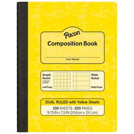 Pacon - Dual Ruled Composition Book, Yellow, 1/4 in grid and 3/8 in (wide) 9-3/4" x 7-1/2", 100 Sheets