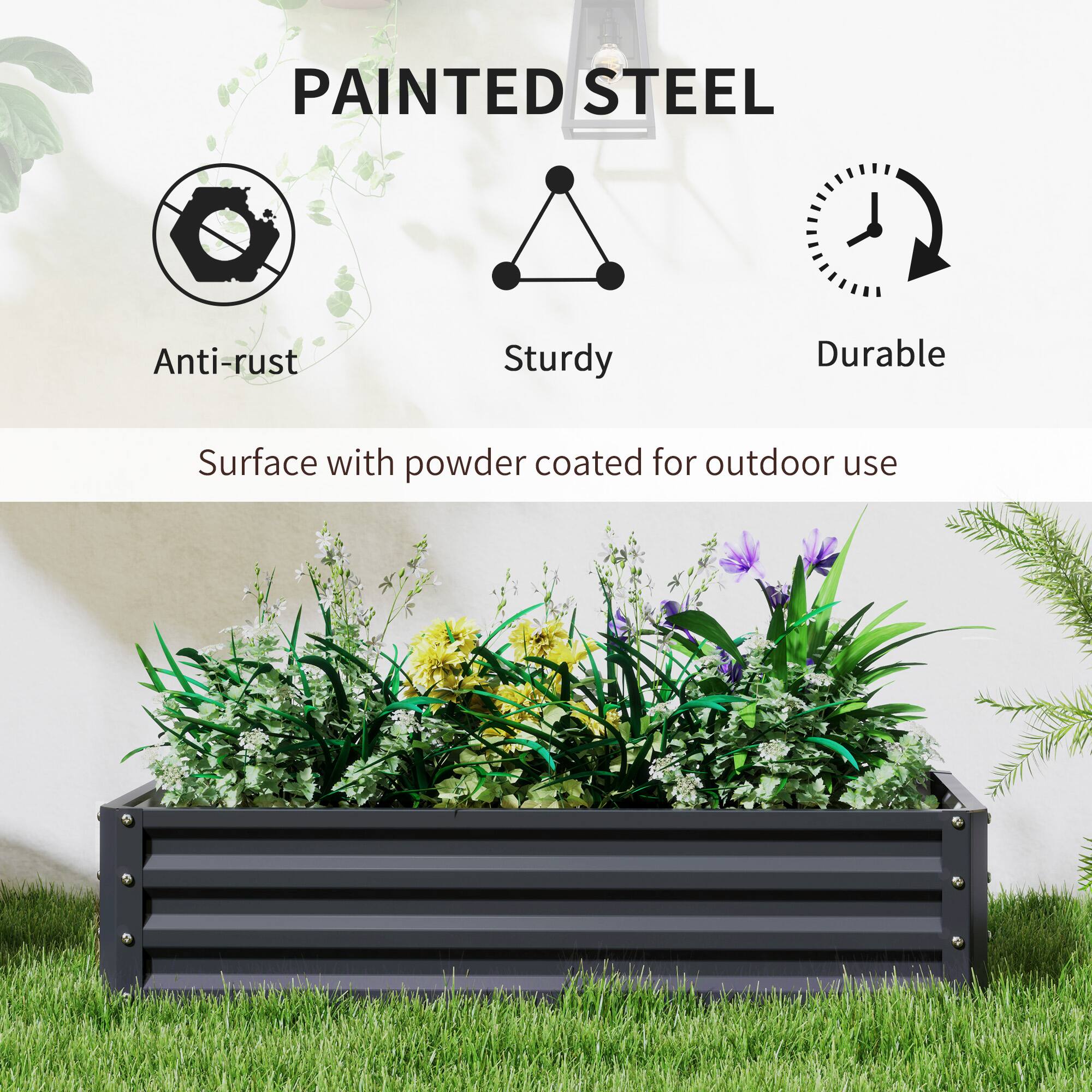 PAINTED STEEL  
Anti-rust  
Sturdy  
Durable  

Surface with powder coated for outdoor use