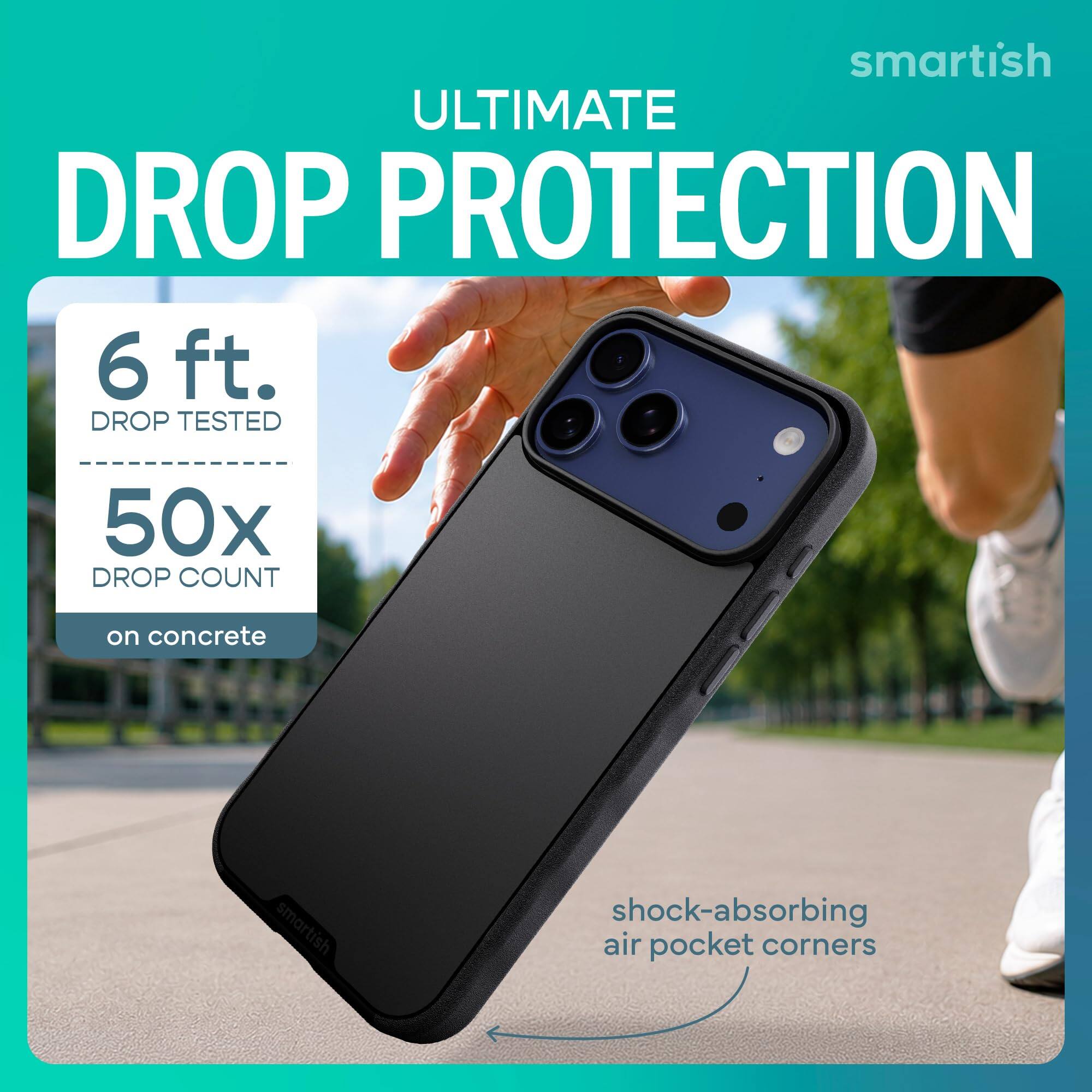 smartish ULTIMATE DROP PROTECTION  
6 ft. DROP TESTED  
50x DROP COUNT  
on concrete  
smartish  
shock-absorbing air pocket corners