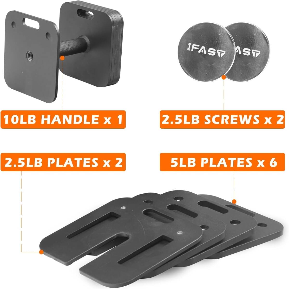10LB HANDLE x 1  
2.5LB SCREWS x 2  
2.5LB PLATES x 2  
5LB PLATES x 6