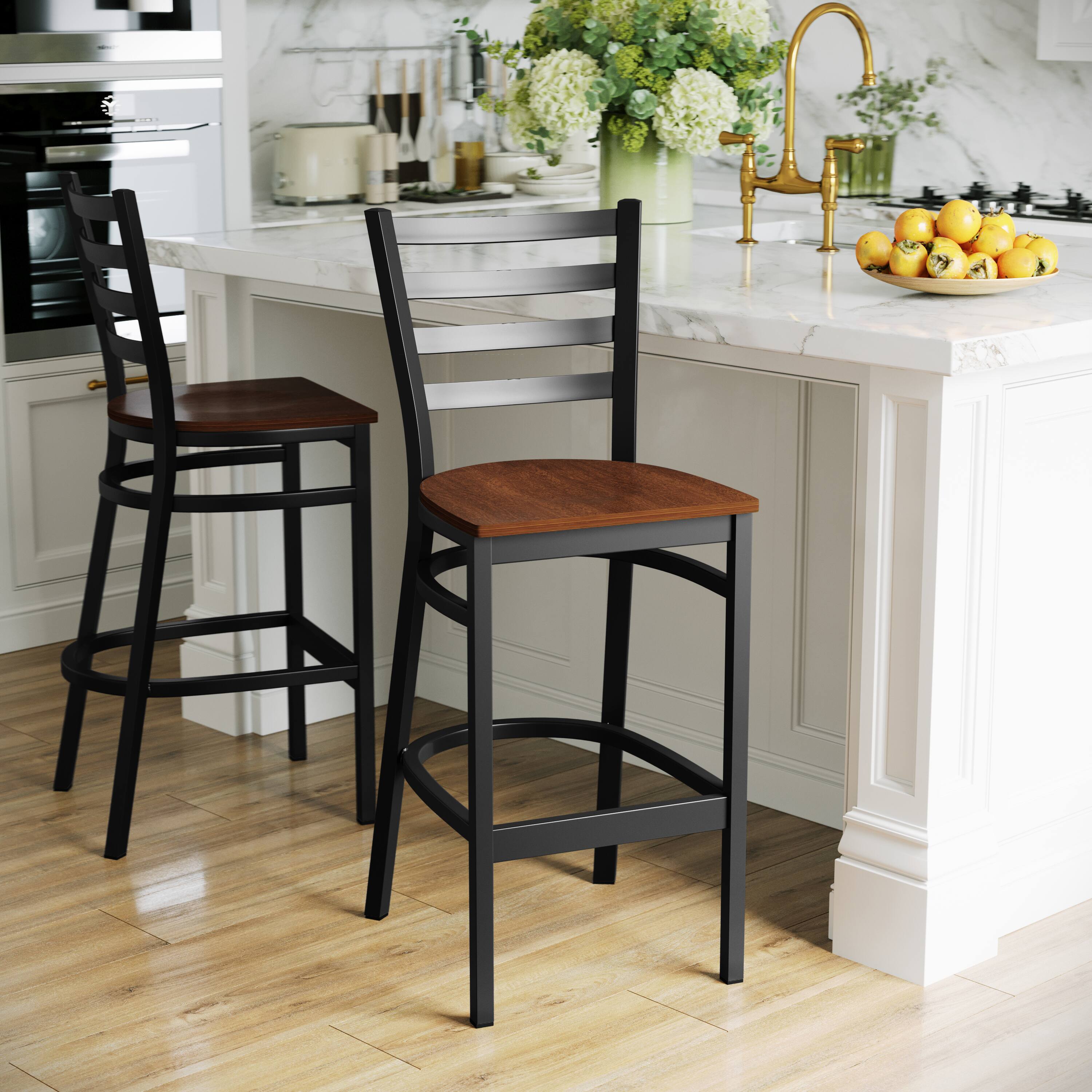 Alt View 3. Emma + Oliver - Ladder Back Metal Restaurant Dining Barstool - Cherry Wood Seat/Black Metal Frame.