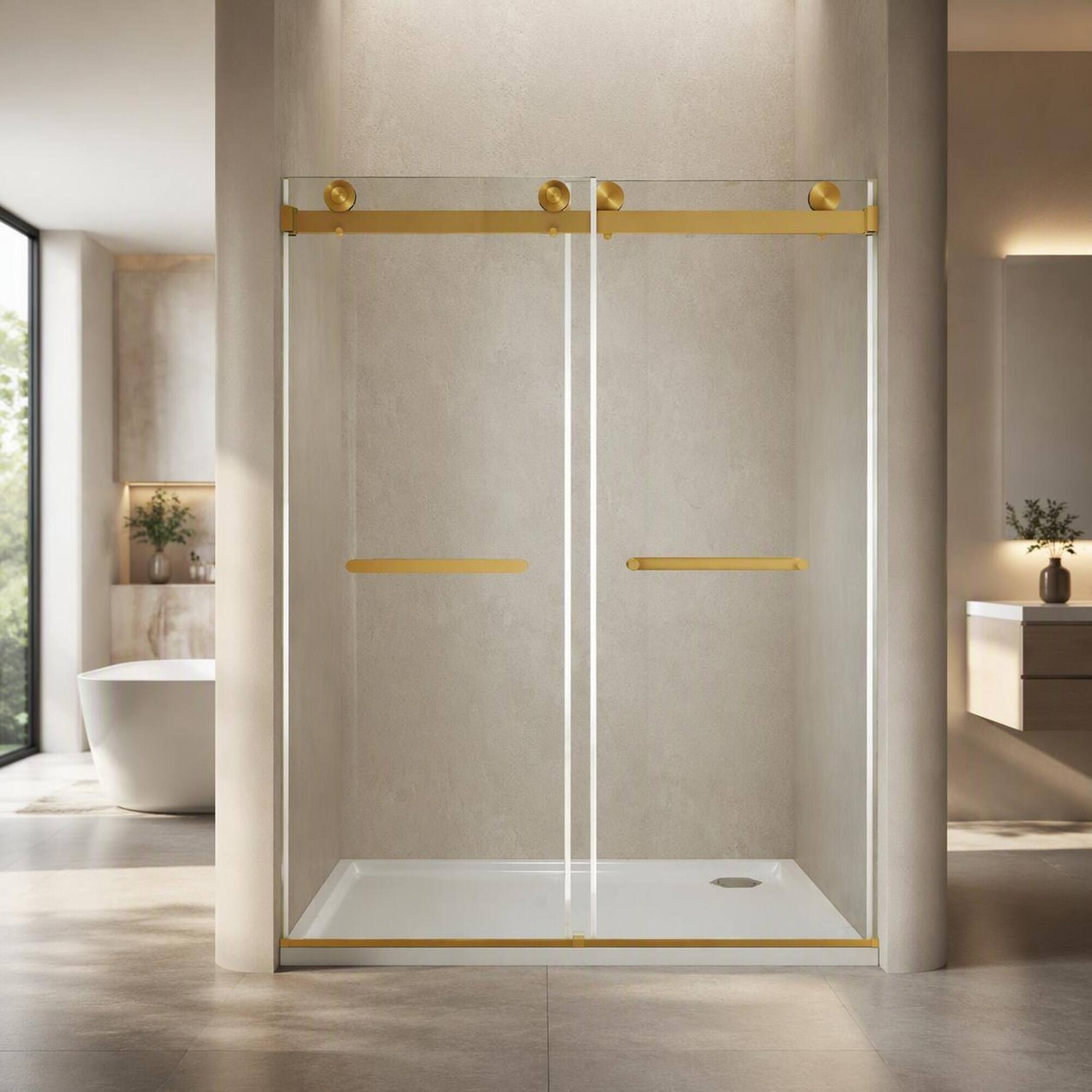 Front. RYHNUYNE - Frameless Double Sliding Shower Door 56-60" W X 74" H With 5/16" Tempered Glass, Brushed Gold Hardware - Brushed Gold.
