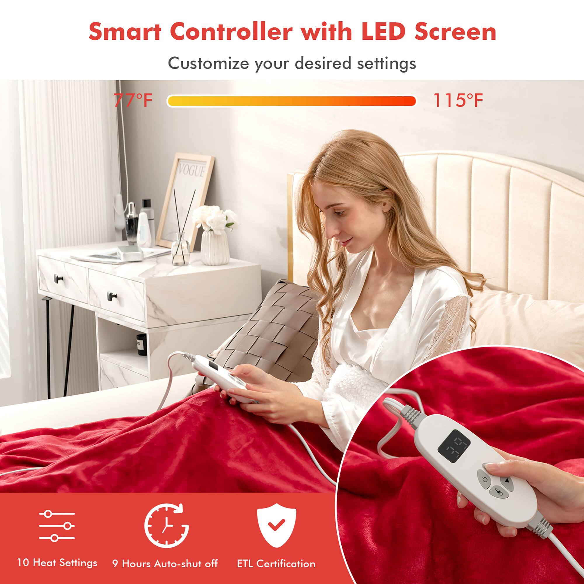 Smart Controller with LED Screen Customize your desired settings 77F 115F VOGUE 9 in 1 10 Heat Settings 9 Hours Auto-shut off ETL Certification