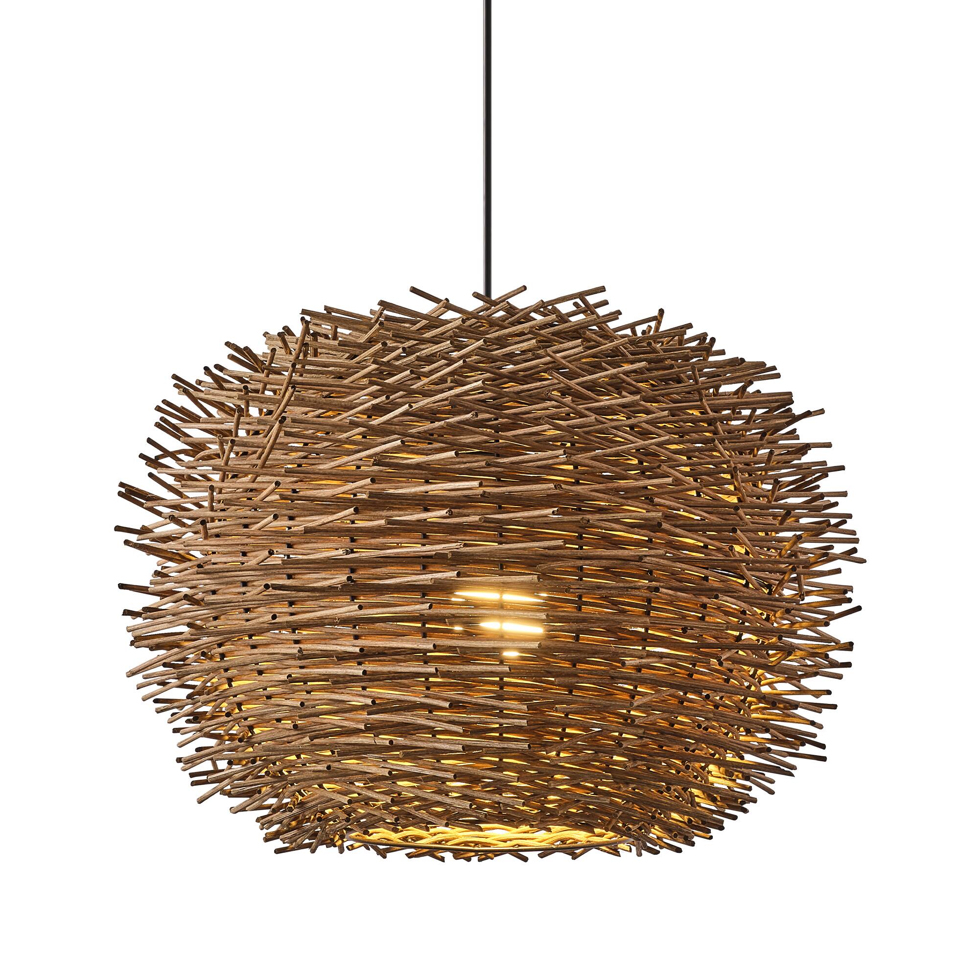 Angle. Vaczon - Rattan Bird’s Nest Pendant /Flush Mount Light, Unique Irregular Shape, Wicker Shade, Boho Chic Ceiling Lighting - Natural Rattan.