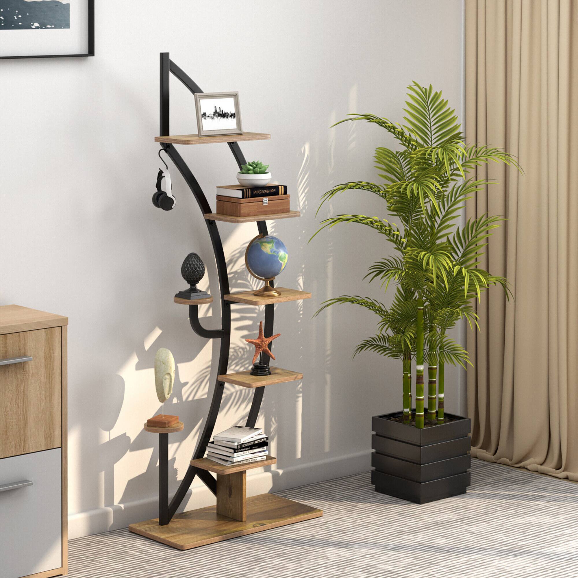 Alt View 2. Gymax - Gymax 6 Tier 9 Potted Metal Plant Stand Rack Curved Stand Holder Display Shelf w/ Hook - Natural+Black.