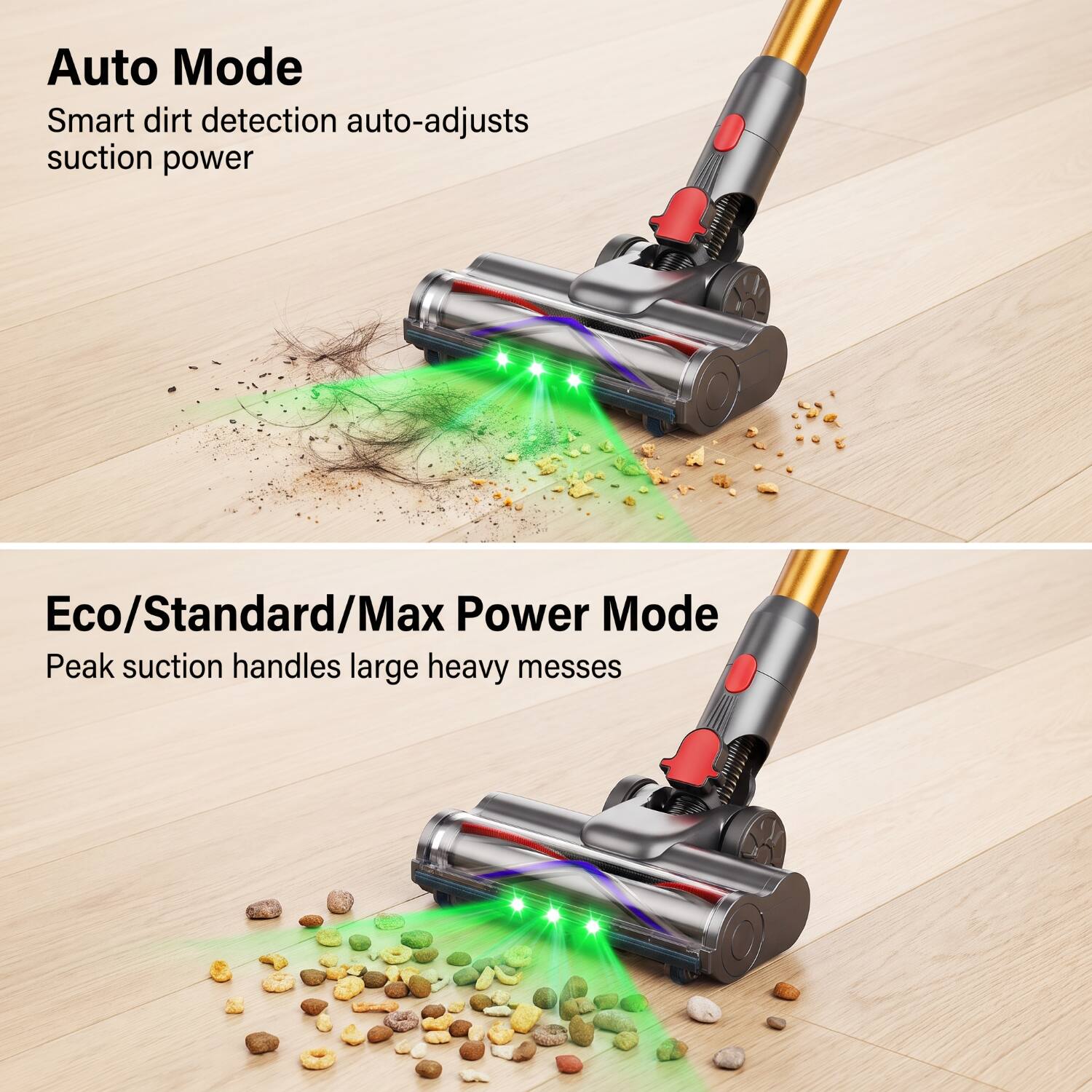 Auto Mode  
Smart dirt detection auto-adjusts suction power  

Eco/Standard/Max Power Mode  
Peak suction handles large heavy messes