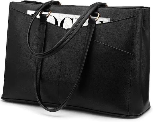 Front. Vulpecula Spade - Laptop Tote Bag for Women 15.6 Inch Waterproof Leather Computer Bags Business Office Work Briefcase Black - Black.