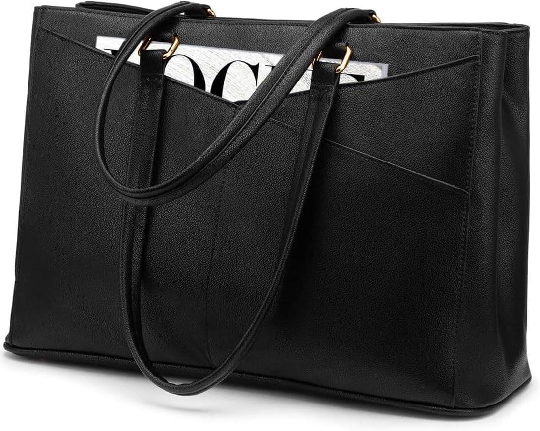 Front. Vulpecula Spade - Laptop Tote Bag for Women 15.6 Inch Waterproof Leather Computer Bags Business Office Work Briefcase Black - Black.