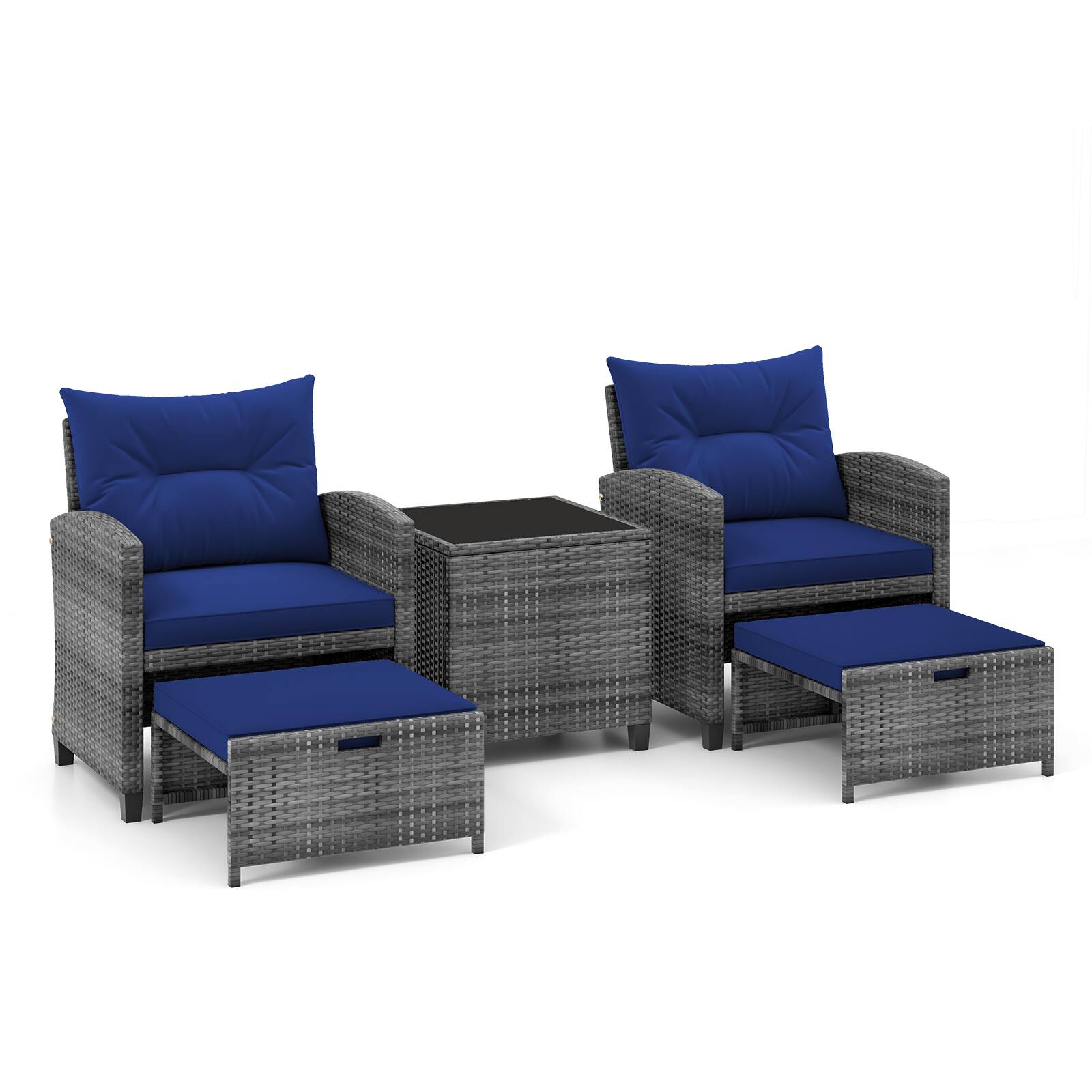 Alt View 4. Gymax - Gymax 5 PCS Rattan Furniture w/ 2 Ottomans & Tempered Glass Coffee Table Patio Navy - Navy.