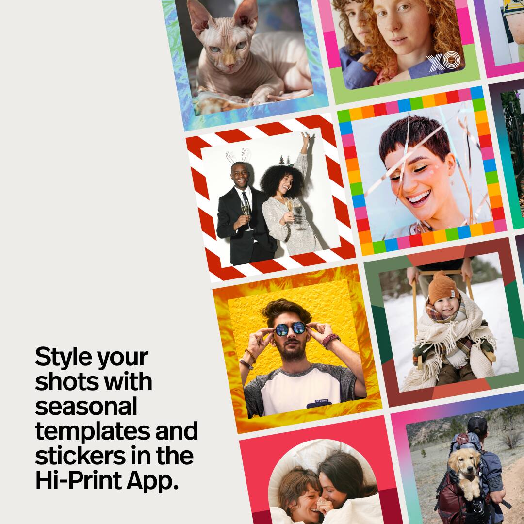 Style your shots with seasonal templates and stickers in the Hi-Print App.