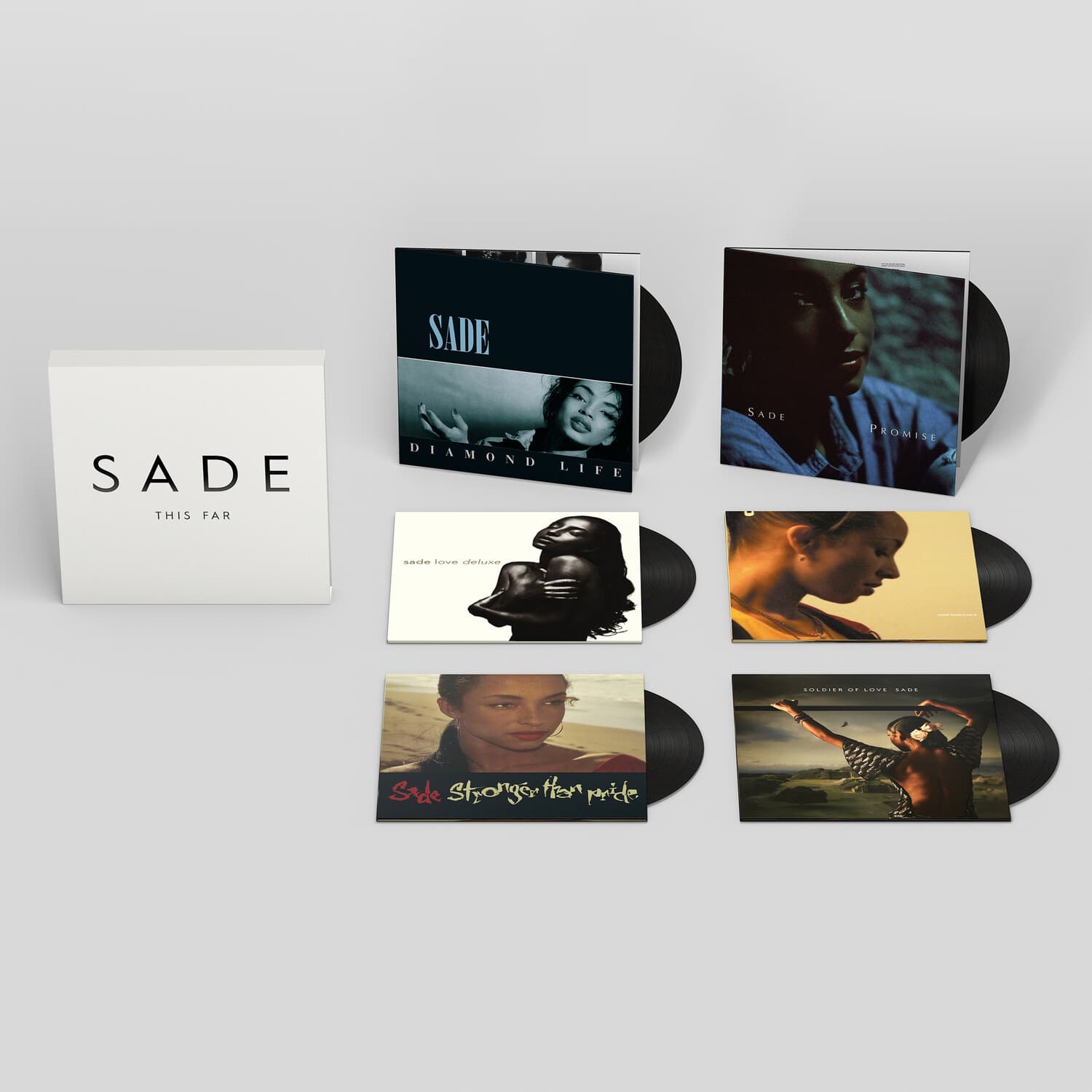 SADE  
THIS FAR

SADE  
DIAMOND LIFE

SADE  
PROMISE

SADE  
sade love deluxe

SADE  
Stronger Than Pride

SADE  
SOLID OF LOVE