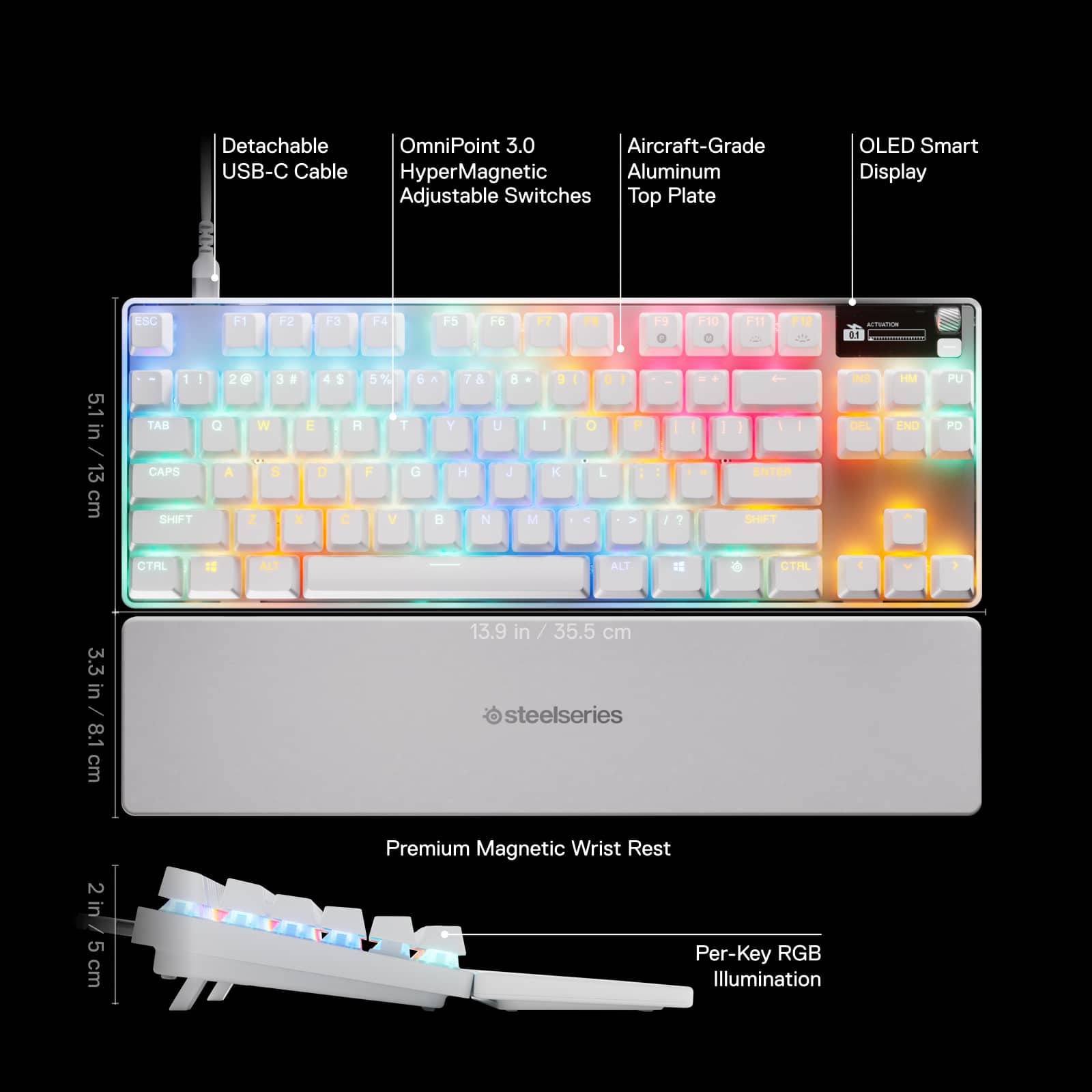 The image features a keyboard with a detachable OmniPoint 3.0 cable, aircraft-grade USB-C cable, and adjustable switches. The keyboard also has a top plate with an OLED smart display. The keyboard is made by Steelseries and has a premium magnetic wrist rest. The keyboard has a per-key RGB illumination, which adds a touch of color and customization to the device.