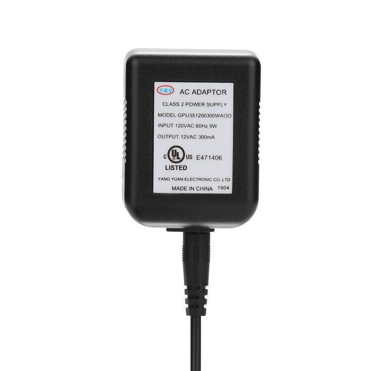 AC ADAPTOR  
CLASS 2 POWER SUPPLY  
MODEL: GPU351200300WAO0  
INPUT: 120VAC 60Hz 9W  
OUTPUT: 12VAC 300mA  

C UL US E471406 LISTED  
YANG YUAN ELECTRONIC CO LTD  
MADE IN CHINA 1904