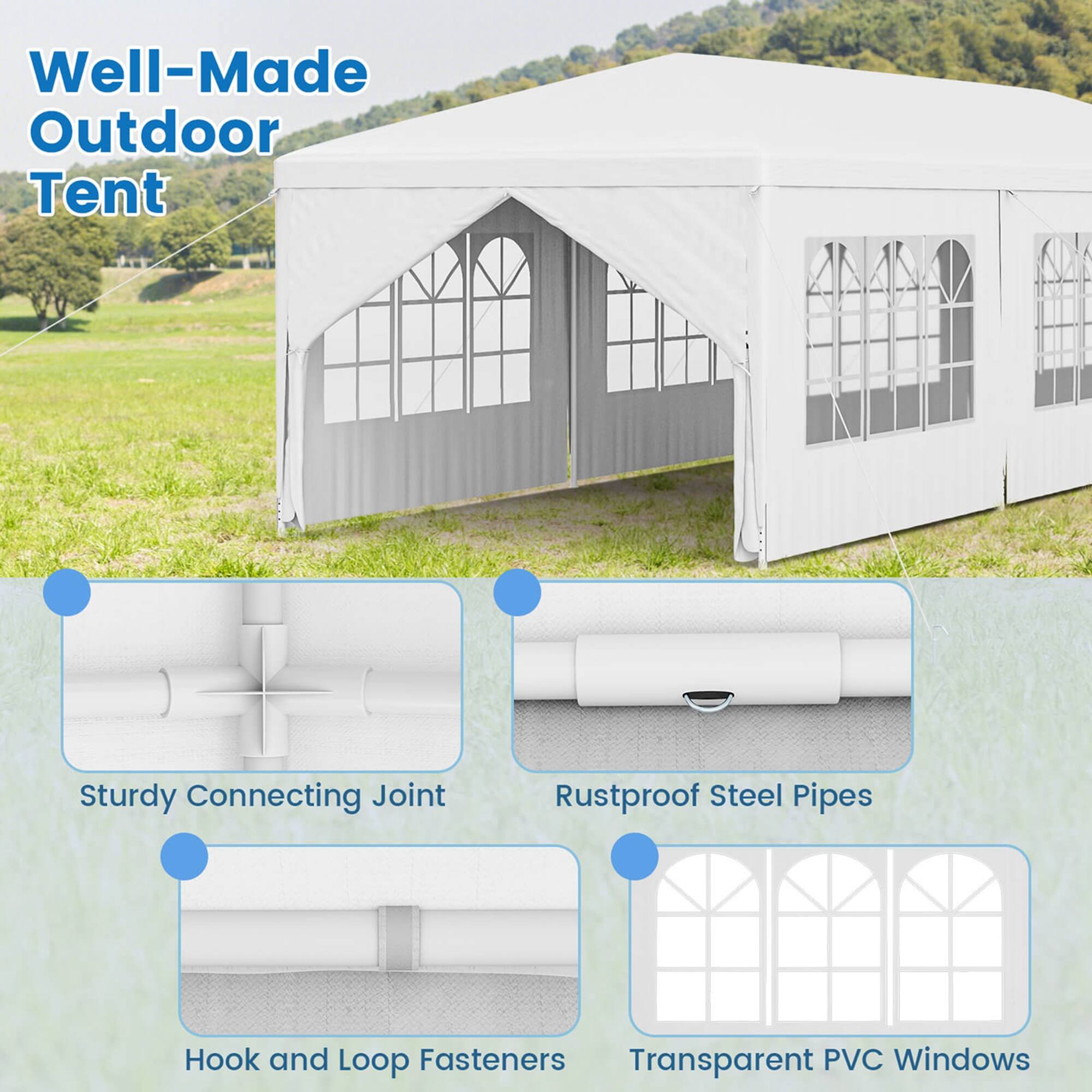 Well-Made Outdoor Tent
Sturdy Connecting Joint
Rustproof Steel Pipes
Hook and Loop Fasteners
Transparent PVC Windows