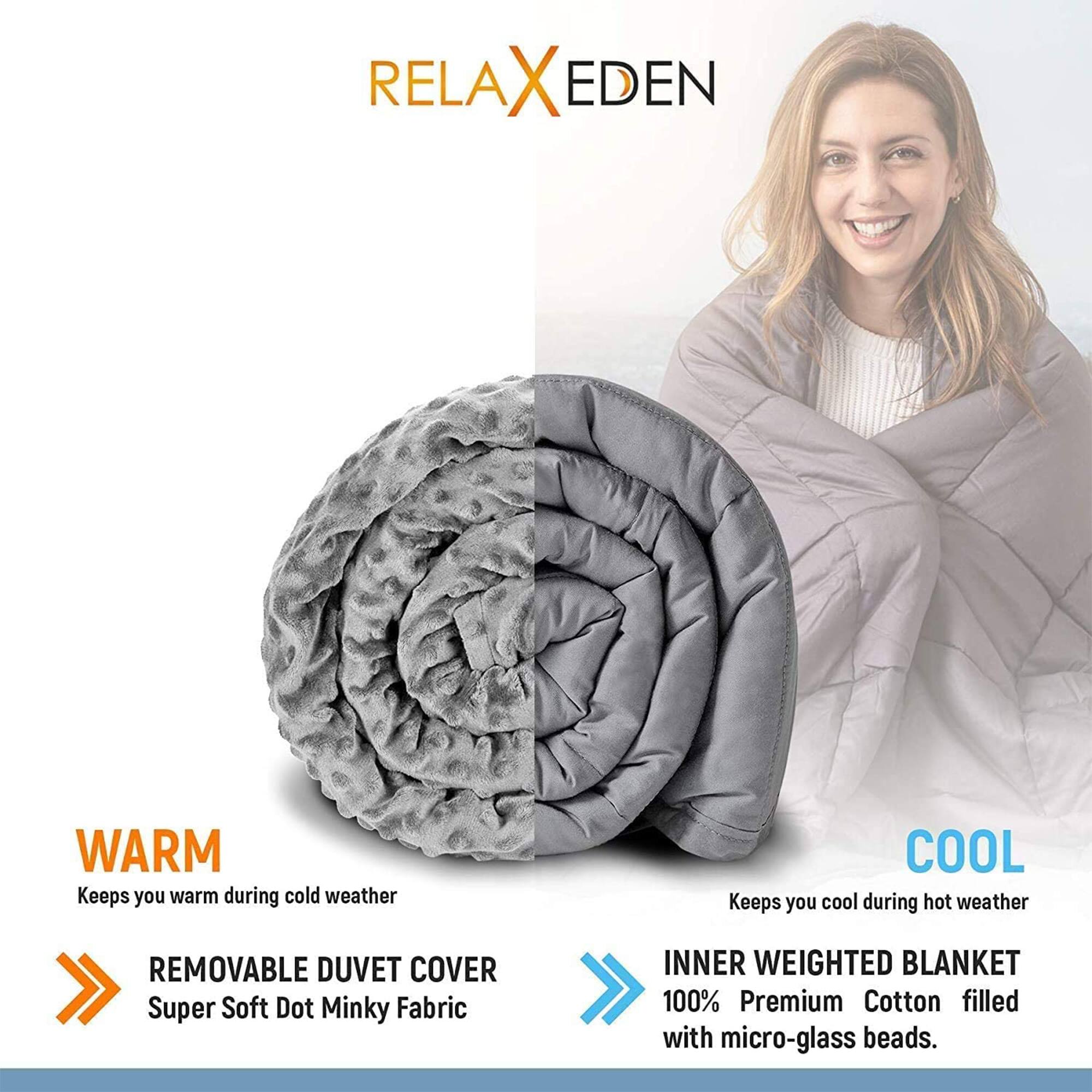 RELAXEDEN

WARM  
Keeps you warm during cold weather

COOL  
Keeps you cool during hot weather

REMOVABLE DUVET COVER  
Super Soft Dot Minky Fabric

INNER WEIGHTED BLANKET  
100% Premium Cotton filled with micro-glass beads.