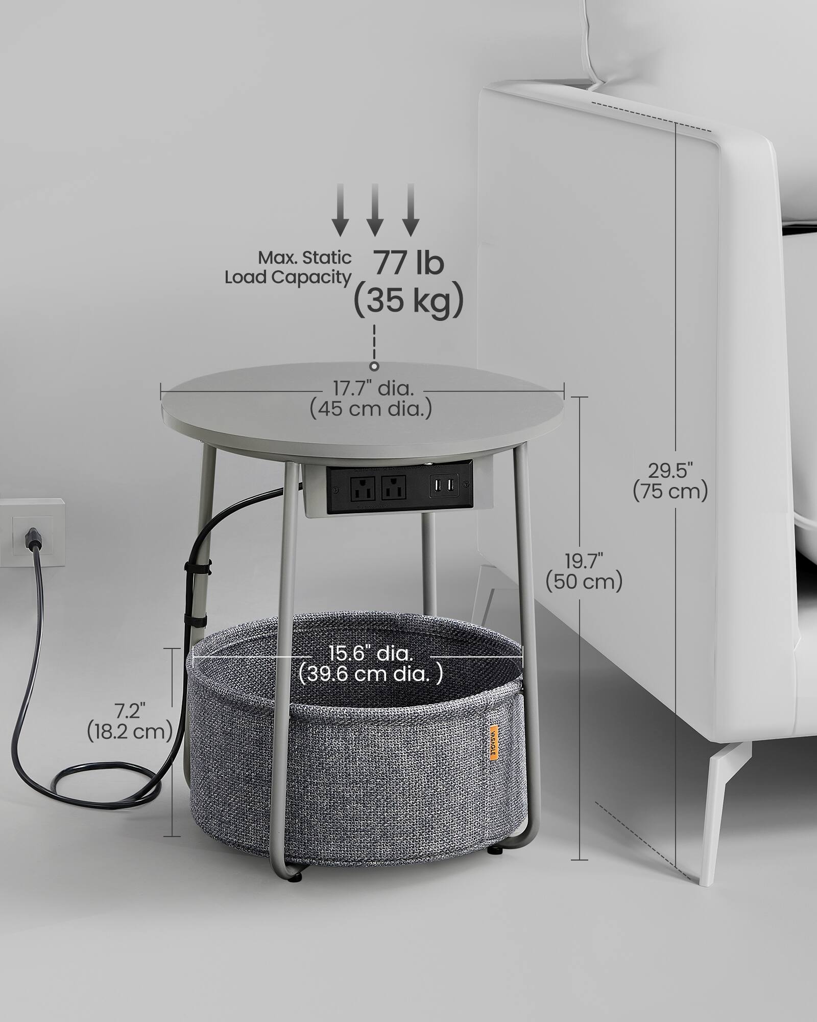 Max. Static Load Capacity: 77 lb (35 kg)  
17.7" dia. (45 cm dia.)  
29.5" (75 cm)  
19.7" (50 cm)  
7.2" (18.2 cm)  
15.6" dia. (39.6 cm dia.)
