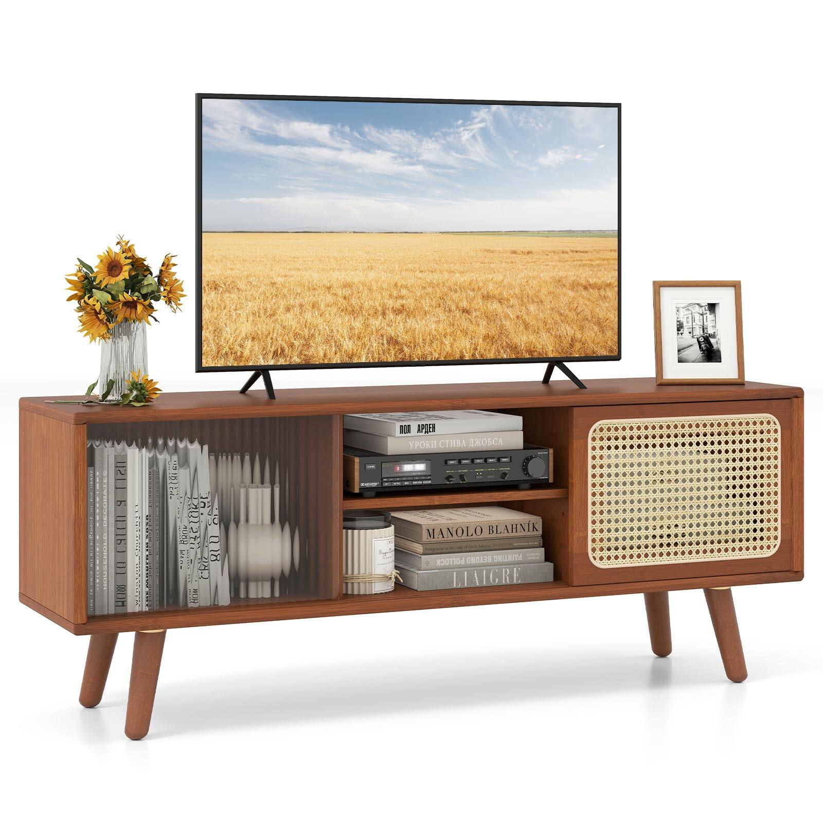 Ecooso - Modern TV Stand with Rattan-Style Glass Sliding Doors and Storage Shelves - Natural