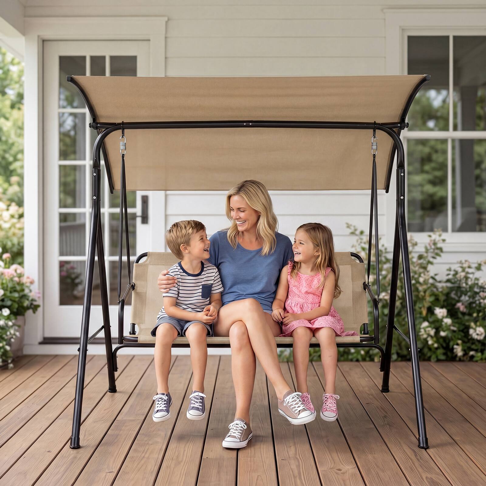 Alt View 3. Costway - Costway 3-Seat Patio Swing Chair with Adjustable Canopy, 800 lbs Heavy-Duty Metal Frame - Beige.