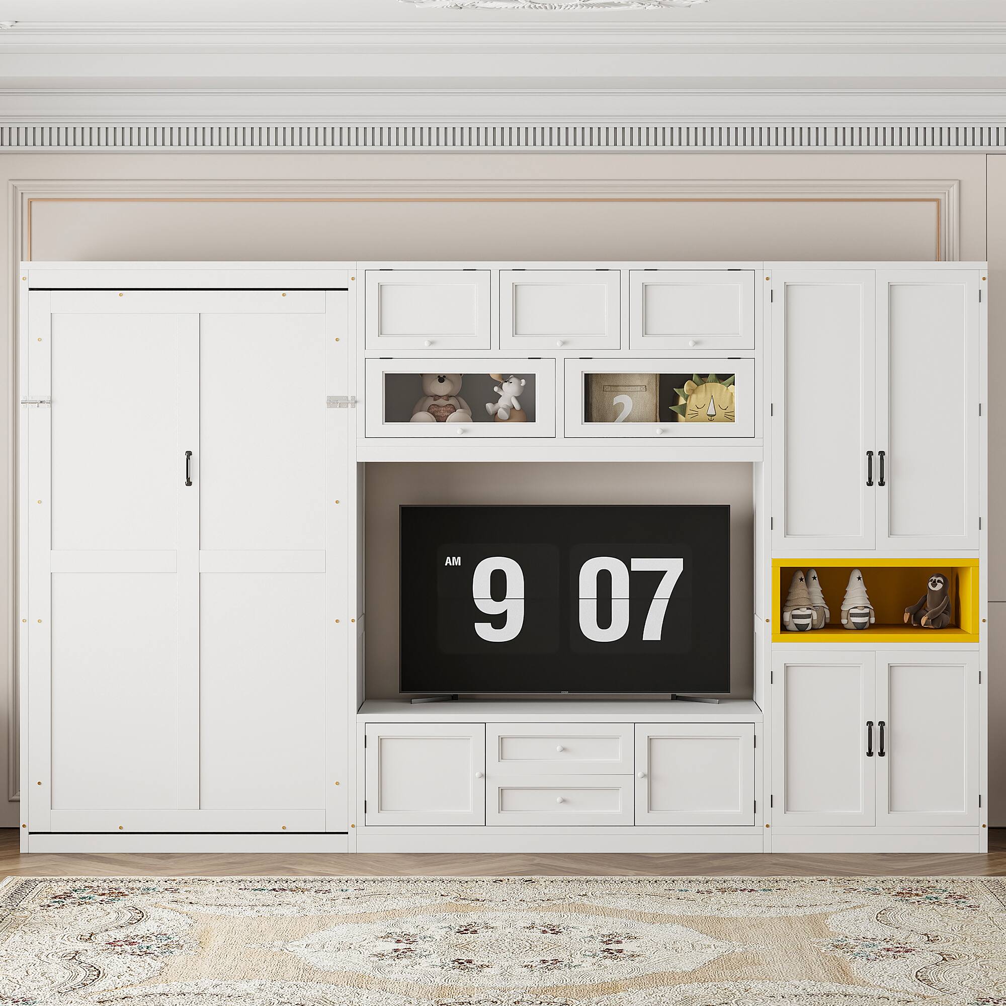 Angle. Anysun - Twin Size Wooden Murphy Bed with TV Stand, 2 Drawers, Shelves, and Cabinets - White.