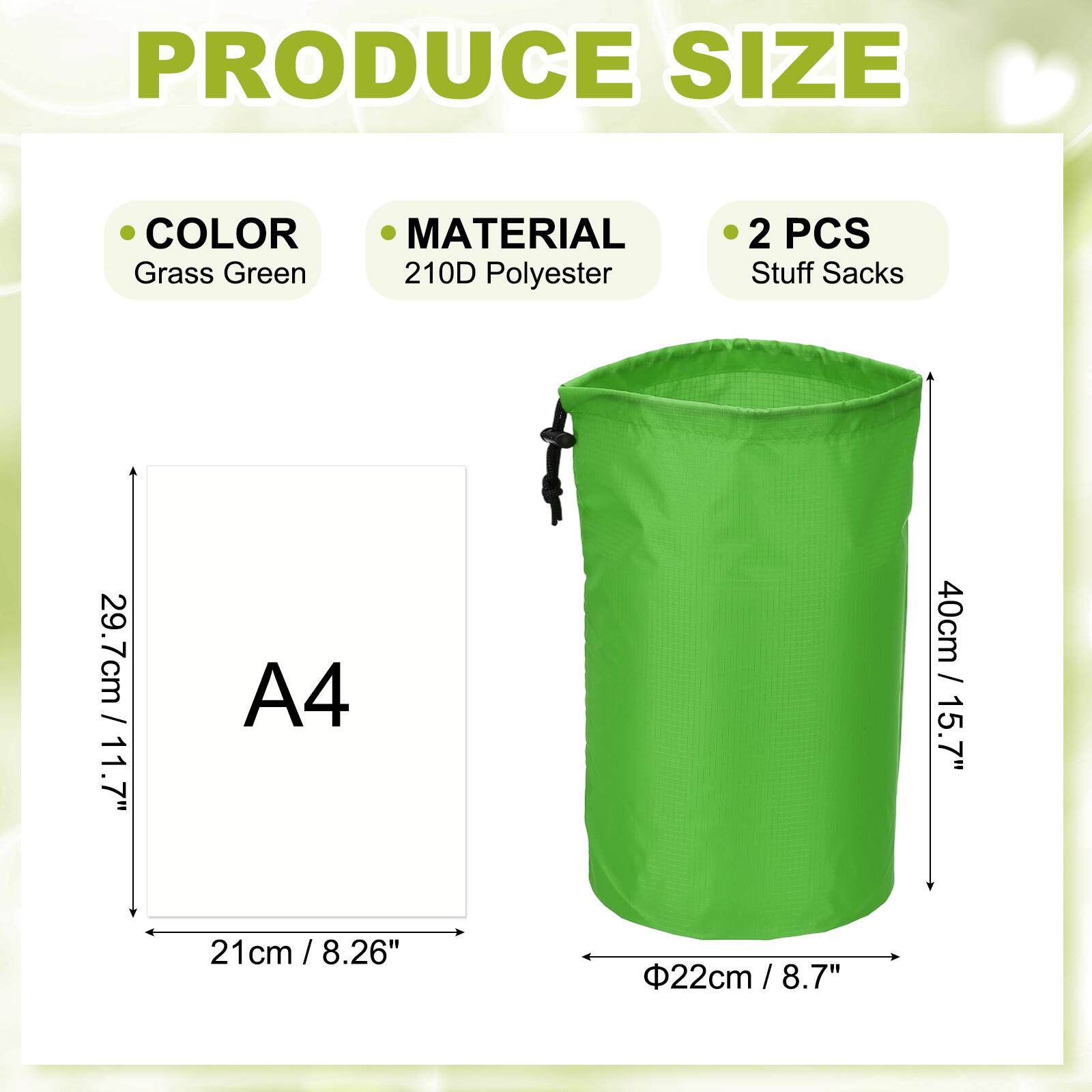 PRODUCE SIZE

- COLOR: Grass Green
- MATERIAL: 210D Polyester
- 2 PCS Stuff Sacks

- A4: 21cm / 8.26"
- Height: 29.7cm / 11.7"
- Diameter: 22cm / 8.7"
- Height (sack): 40cm / 15.7"
