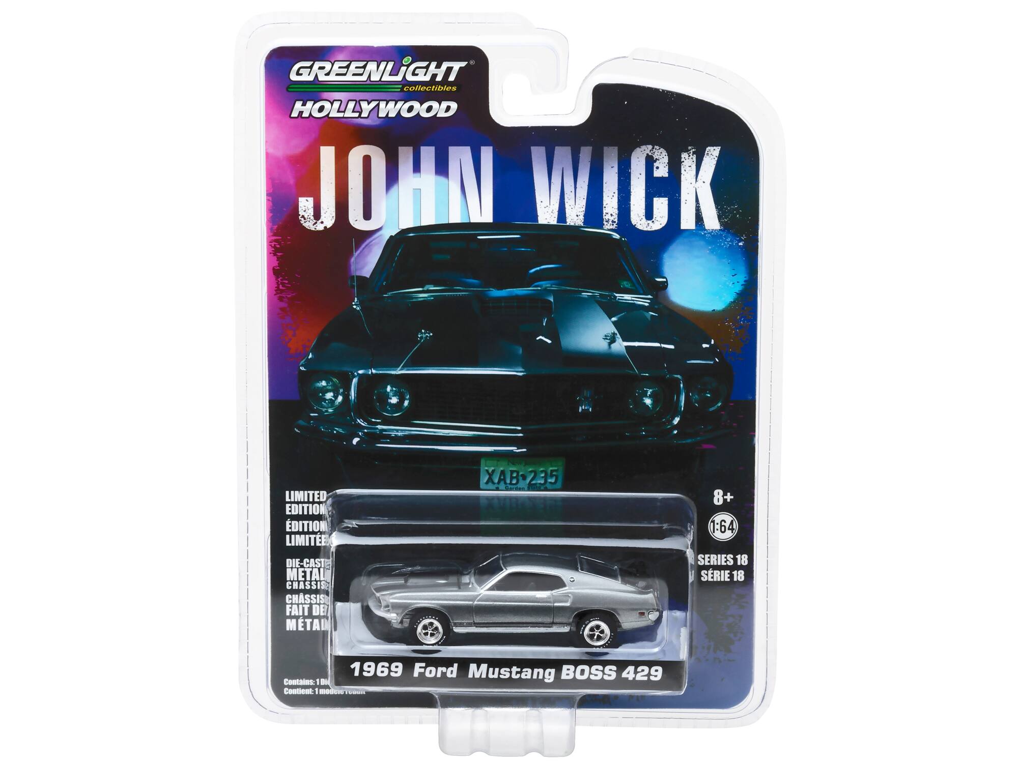 GREENLIGHT collectibles  
HOLLYWOOD  
JOHN WICK  

LIMITED EDITION  
EDITION LIMITÉE  

DIE-CAST METAL CHASSIS  
CHASSIS FAIT DE MÉTAL  

1969 Ford Mustang BOSS 429  

Contains:  
Contient:  

8+  
1:64  
SERIES 18  
SÉRIE 18  

XAB-235
