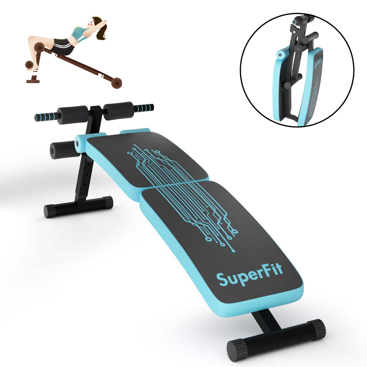 Front. Costway - Folding Weight Bench Adjustable Sit-up Board Curved Decline Bench - Blue.