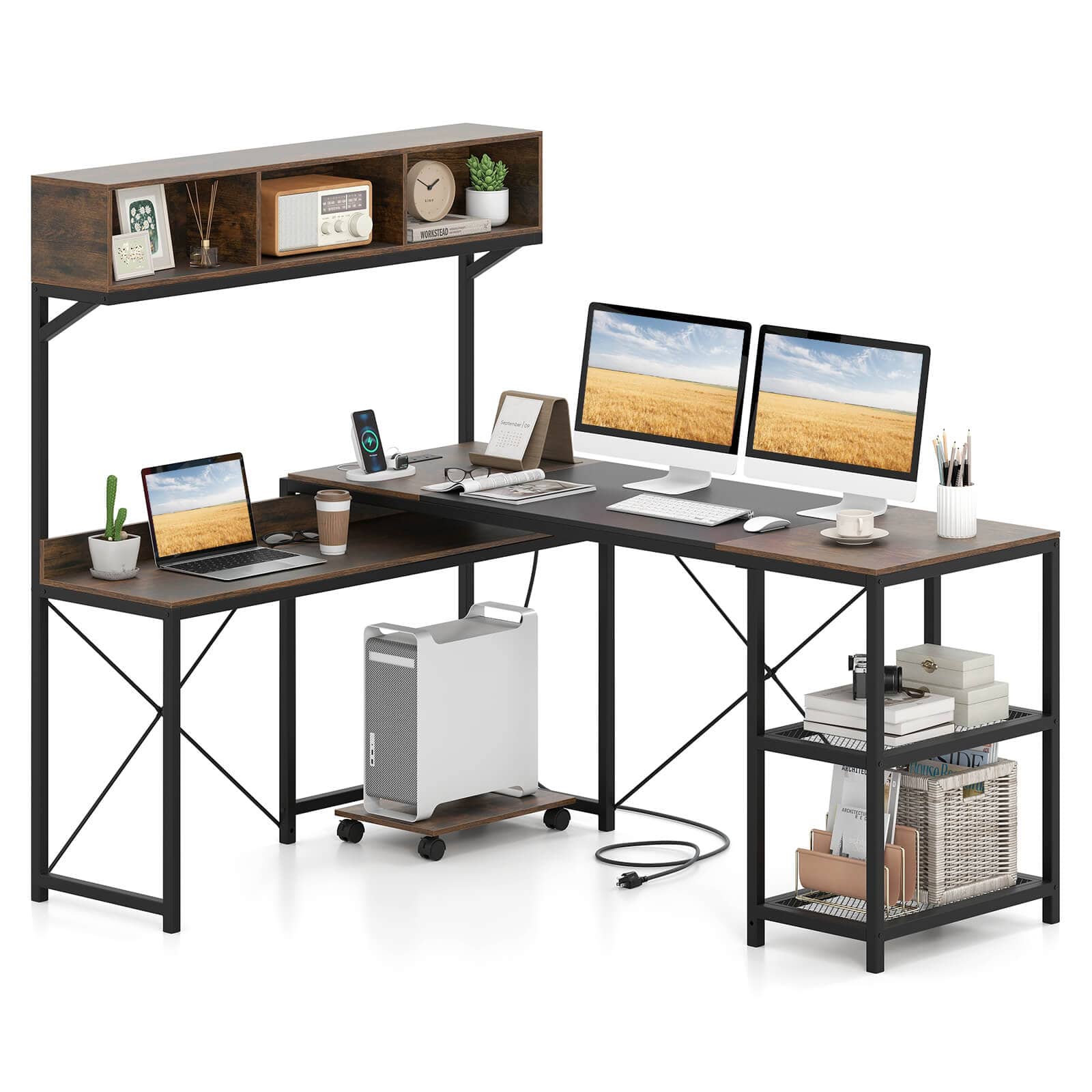 Costway - L-Shaped Computer Desk with Power Outlets, 62" Corner Desk with Storage Hutch - Rustic Brown + Black