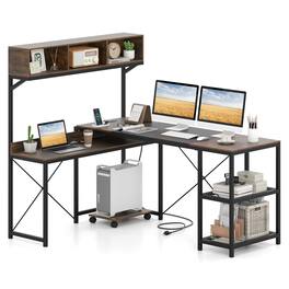 Costway - L-Shaped Computer Desk with Power Outlets, 62" Corner Desk with Storage Hutch - Rustic Brown + Black