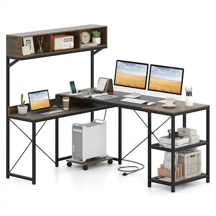 Front. Costway - Costway L-Shaped Computer Desk with Power Outlets, 62" Corner Desk with Storage Hutch - Rustic Brown + Black.