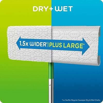 DRY + WET

1.5x WIDER* PLUS LARGE*

*vs Swiffer Regular Sweeper Dry & Wet Cloths