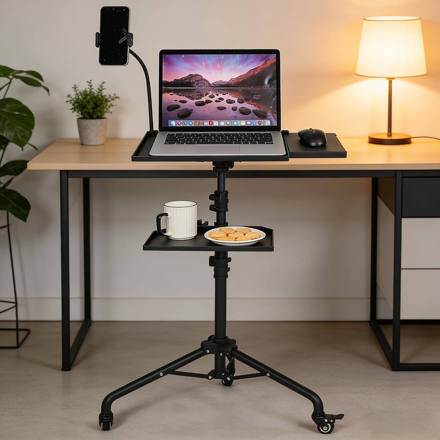 Alt View 3. TROPOW -  Laptop Tripod Projector Stand with Wheels, 2 Shelves Mouse Tray Phone Holder, Adjustable Height 23 to 49 Inch - black.