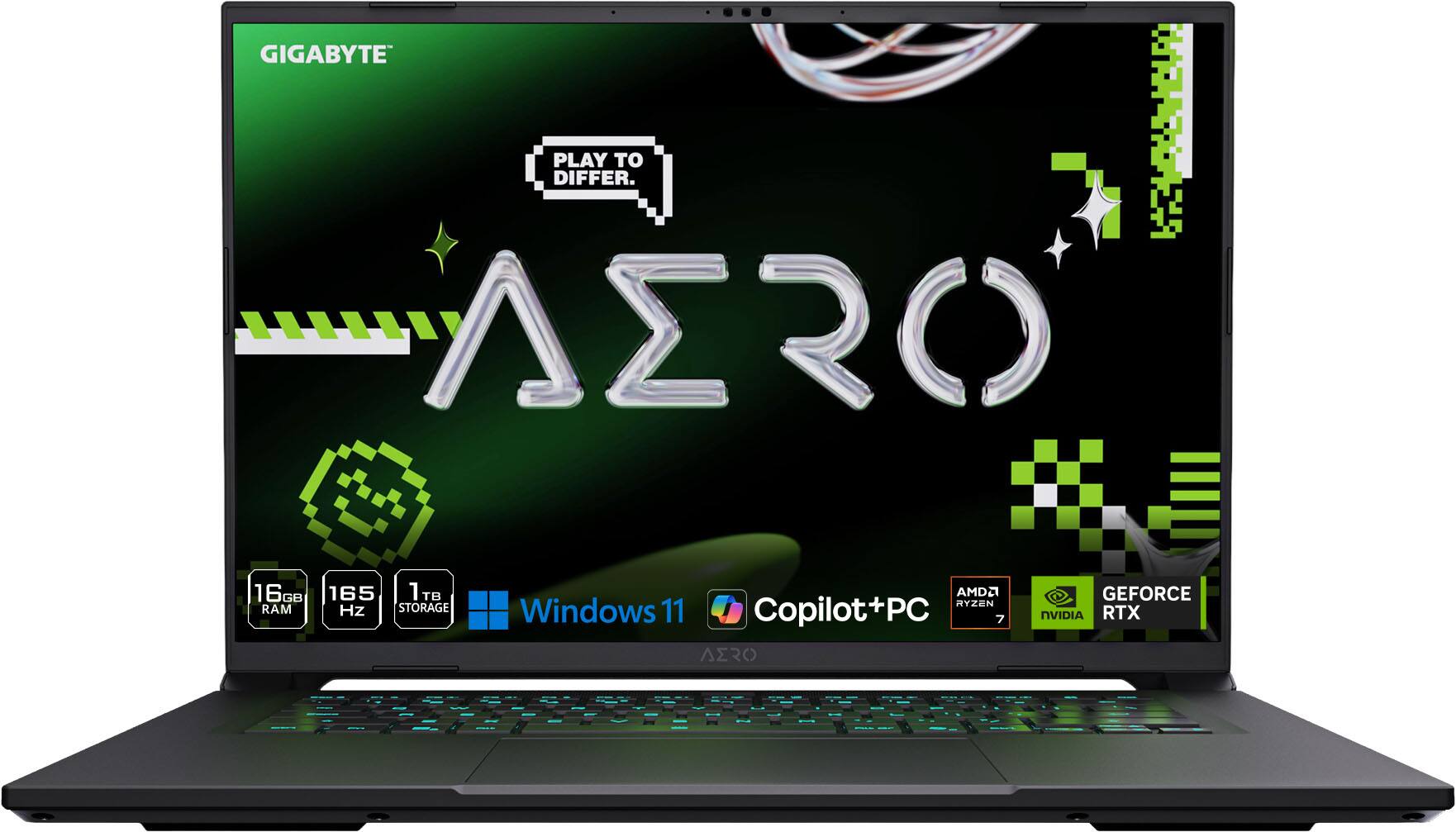 GIGABYTE PLAY TO DIFFER.  
AZRO 16GB 165Hz 1TB STORAGE  
AMD RYZEN 7  
Windows 11 Copilot+PC  
NVIDIA GEFORCE RTX