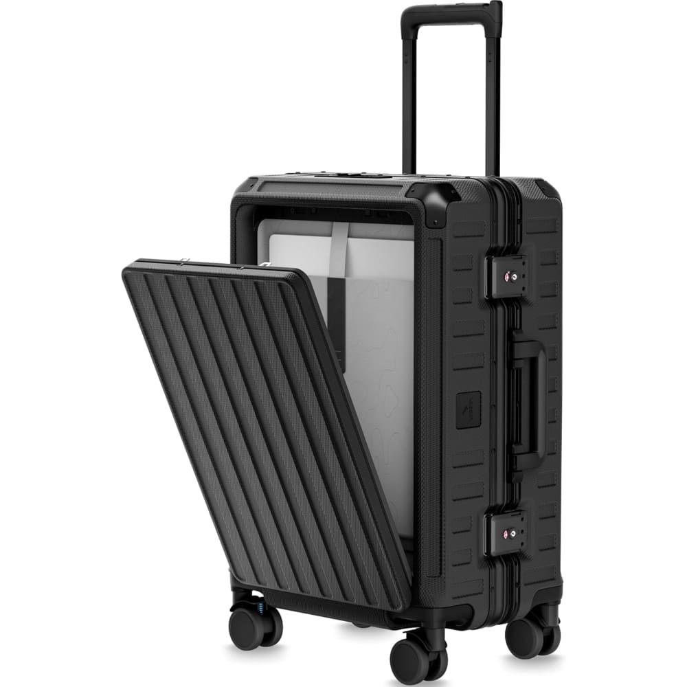 LUGGEX - 21 Inch Zipperless Carry On Luggage, Aluminum Polycarbonate Hard Shell Front Opening Suitcase - ZX-Pro - Black