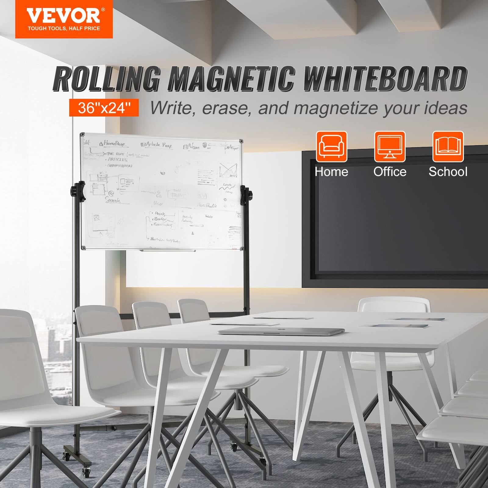VEVOR TOUGH TOOLS, HALF PRICE ROLLING MAGNETIC WHITEBOARD 36"x24" Write, erase, and magnetize your ideas  Home Office School
