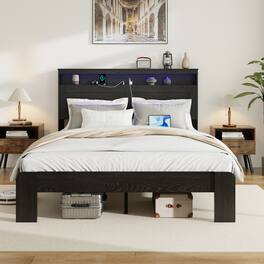 LUCKY ONE - King Size Bed Frame with Storage LED Light Headboard - Black