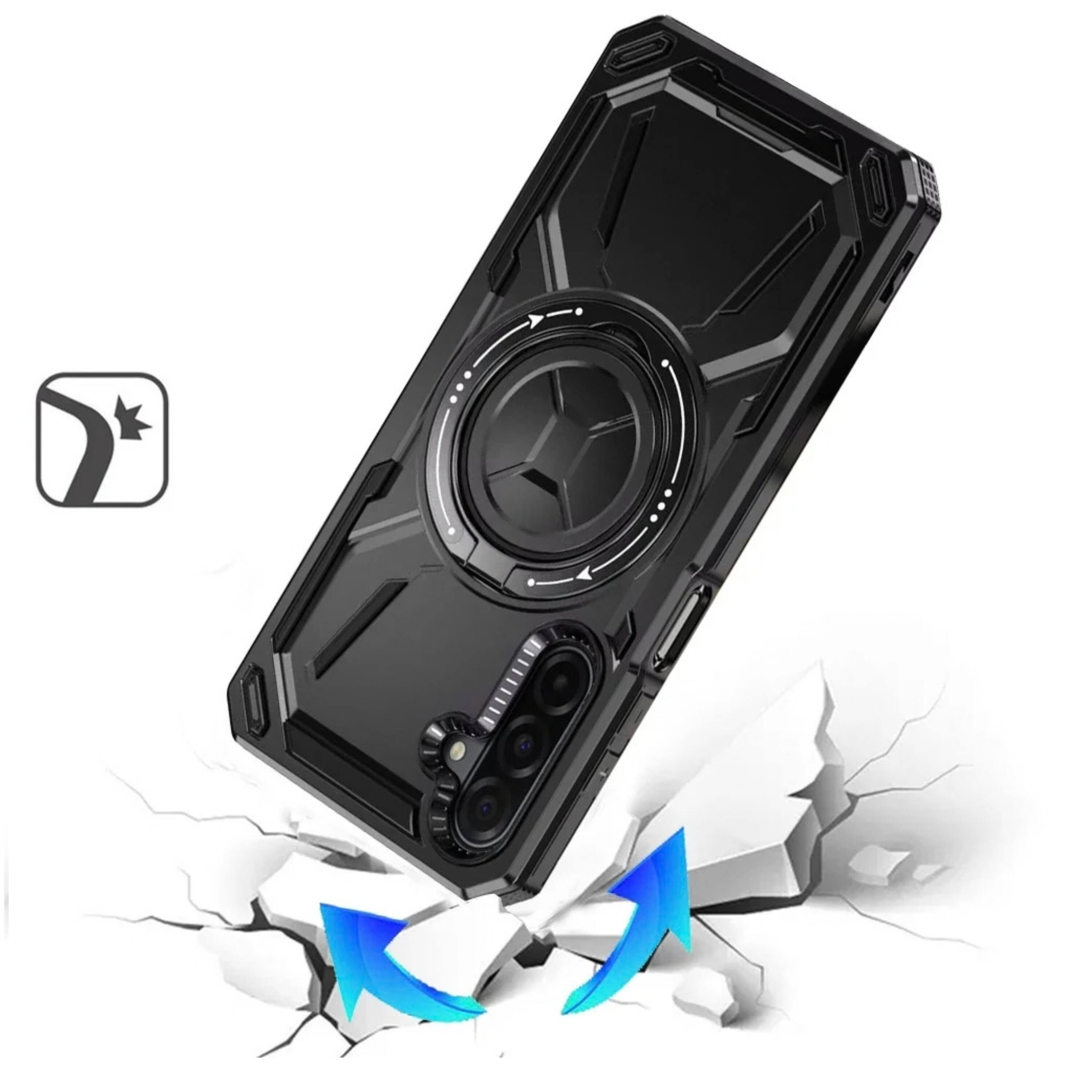 Angle. Kitcheniva - Metal Ring Stand Shockproof Phone Case With Tempered Glass For Samsung A17 5G Black - Black.
