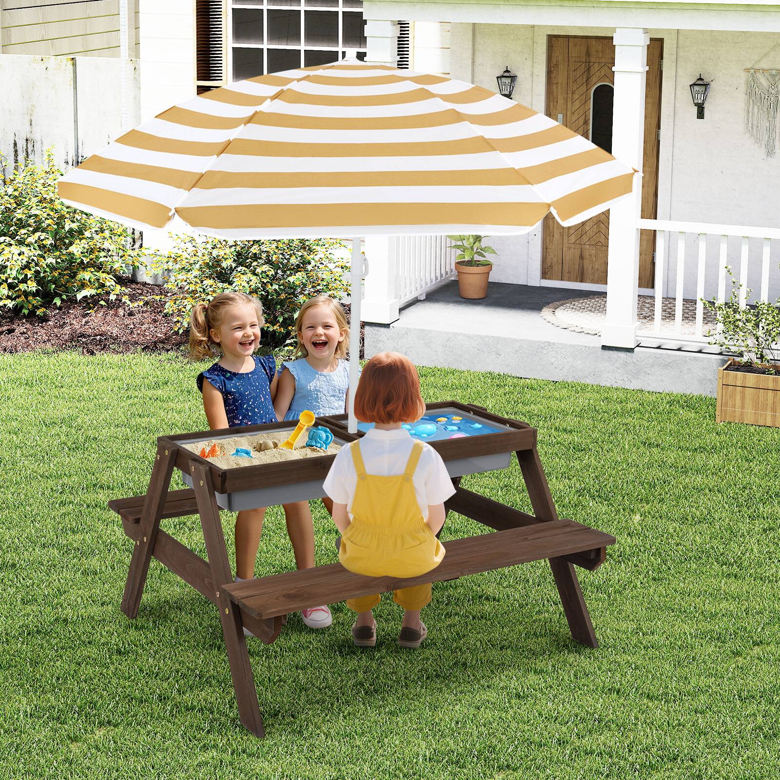 Alt View 1. Costway - Costway 3-in-1 Kids Picnic Table Wooden Outdoor Sand & Water Table with Umbrella Play Boxes - Brown.