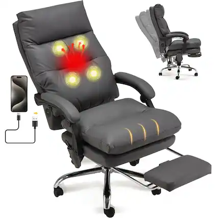 Front. U-HOMY - Ergonomic Reclining Massage Office Chair, 4-Point Vibrating Desk Chair with Footrest & Adjustable Armrests - Grey.