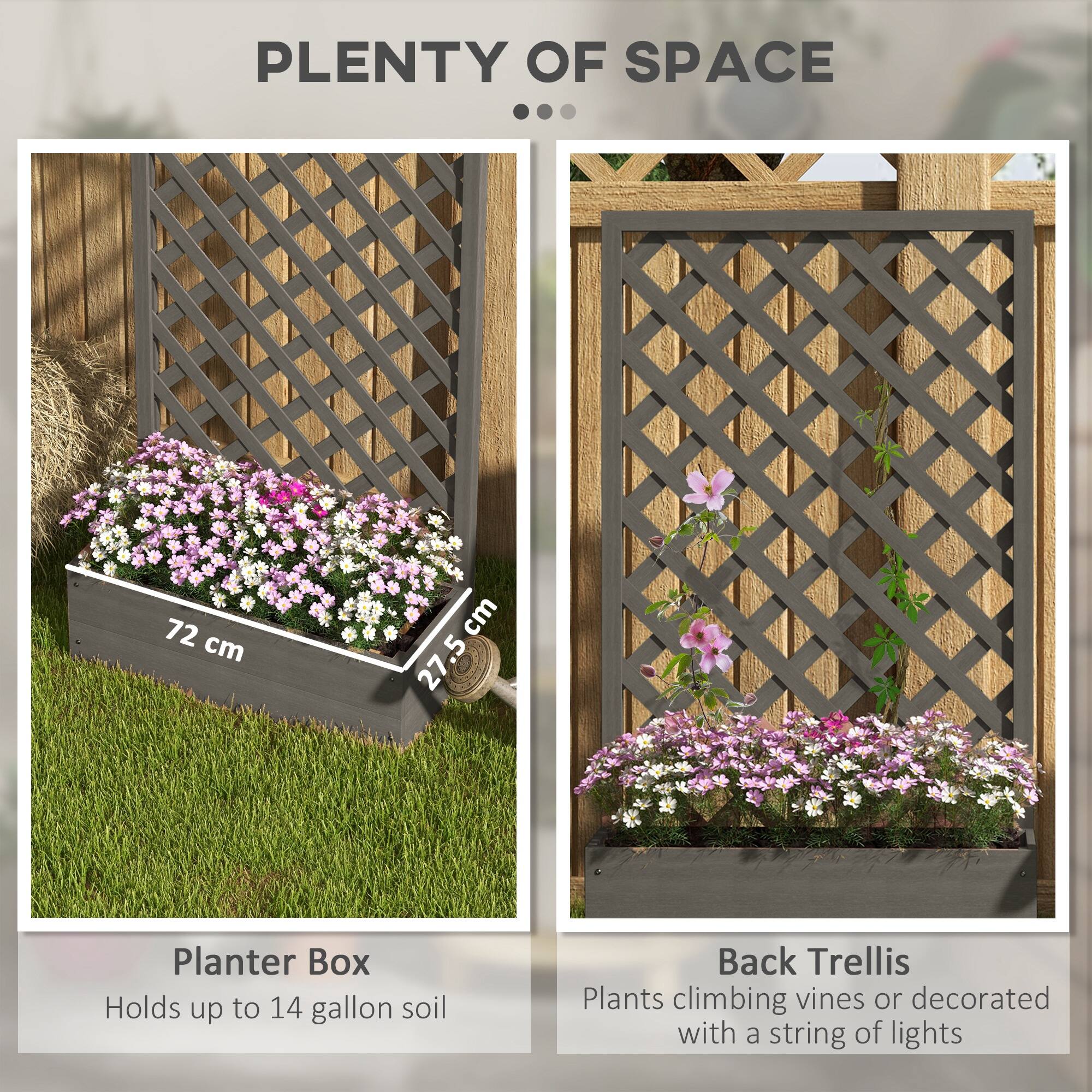PLANTER BOX  
Holds up to 14 gallon soil  
72 cm x 27.5 cm  

BACK TRELLIS  
Plants climbing vines or decorated with a string of lights