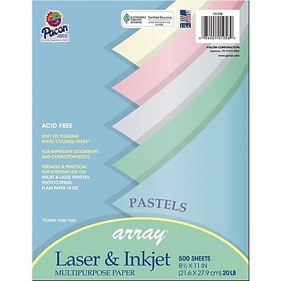 Pacon Corporation  
Acid Free Soft Eye Pleasing Pastel Colored Paper  
For Impressive Documents and Correspondence  
Versatile & Practical for Everyday Use on Inkjet & Laser Printers, Photocopies, Plain Paper Faxes  
Pastels *Colors may vary  
Array  
Laser & Inkjet  
500 Sheets  
8½ x 11 in (21.6 cm x 27.9 cm)  
20 lb  
Multipurpose Paper