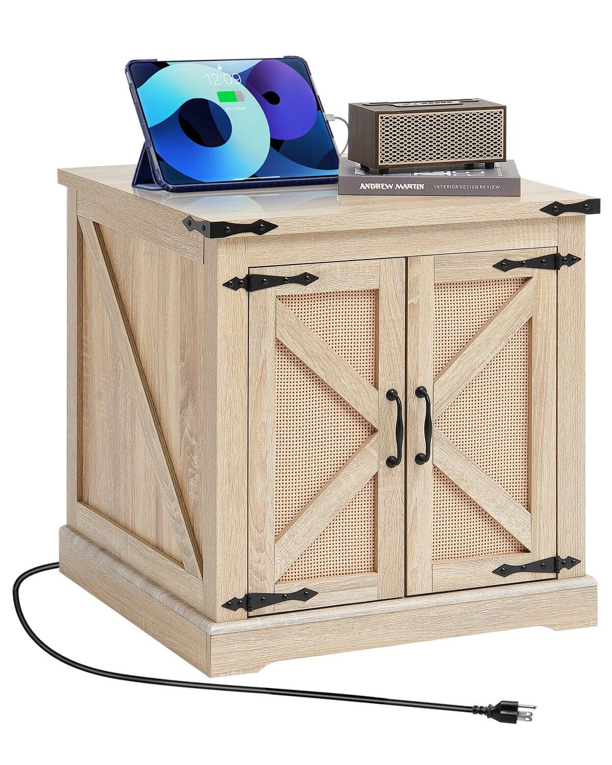 Glintex - Farmhouse End Table 24 in, Rectangle Woven Wood Side Table with Storage and Retro Metal Hinges for Living Room - Natural