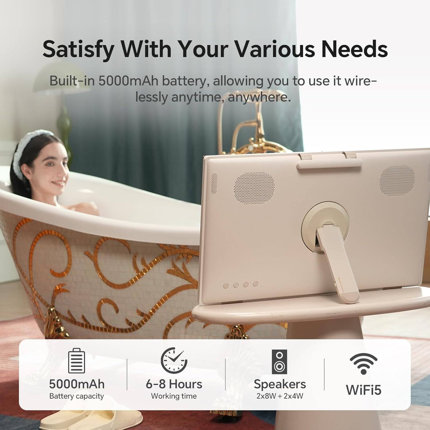 Satisfy With Your Various Needs

Built-in 5000mAh battery, allowing you to use it wirelessly anytime, anywhere.

- 5000mAh Battery capacity
- 6-8 Hours Working time
- Speakers 2x8W + 2x4W
- WiFi5