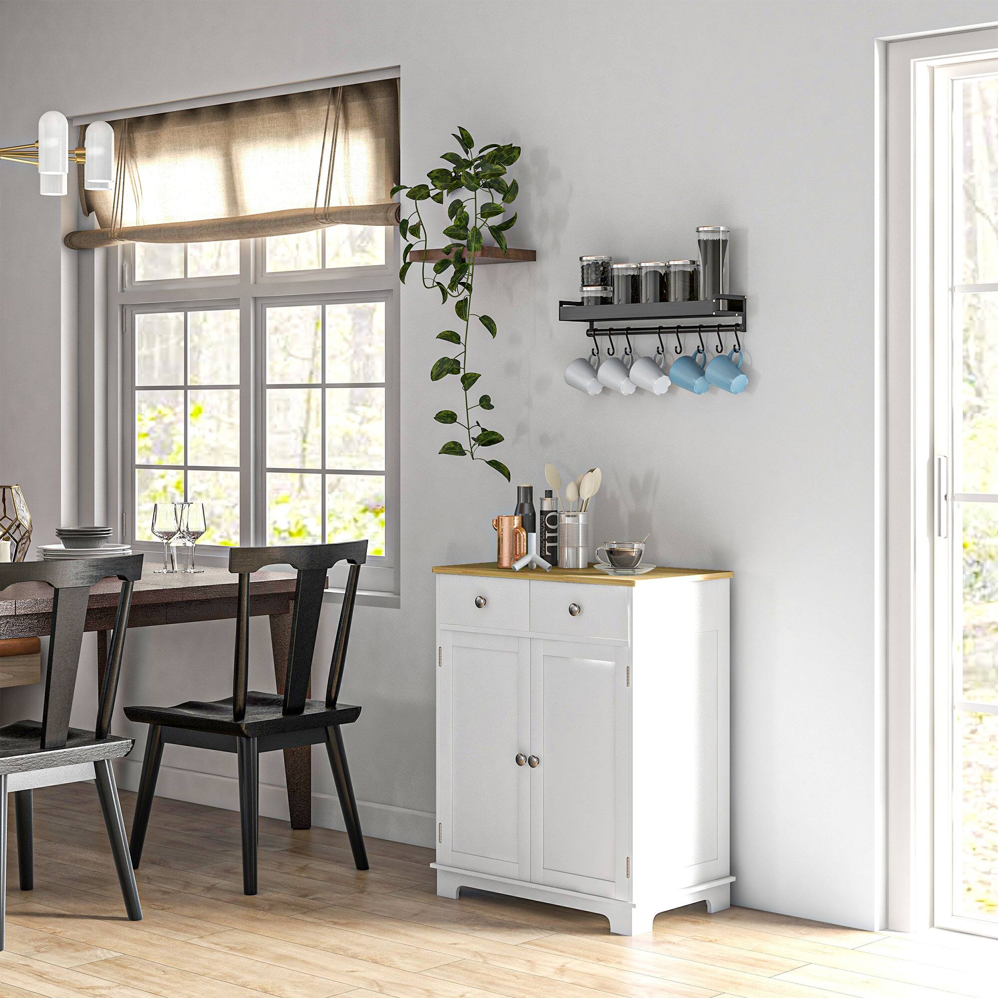 Alt View 1. Homcom - Storage Cabinet, Sideboard Floor Cupboard with Solid Wood Top, Adjustable Shelf, and 2 Drawers - Distressed White.
